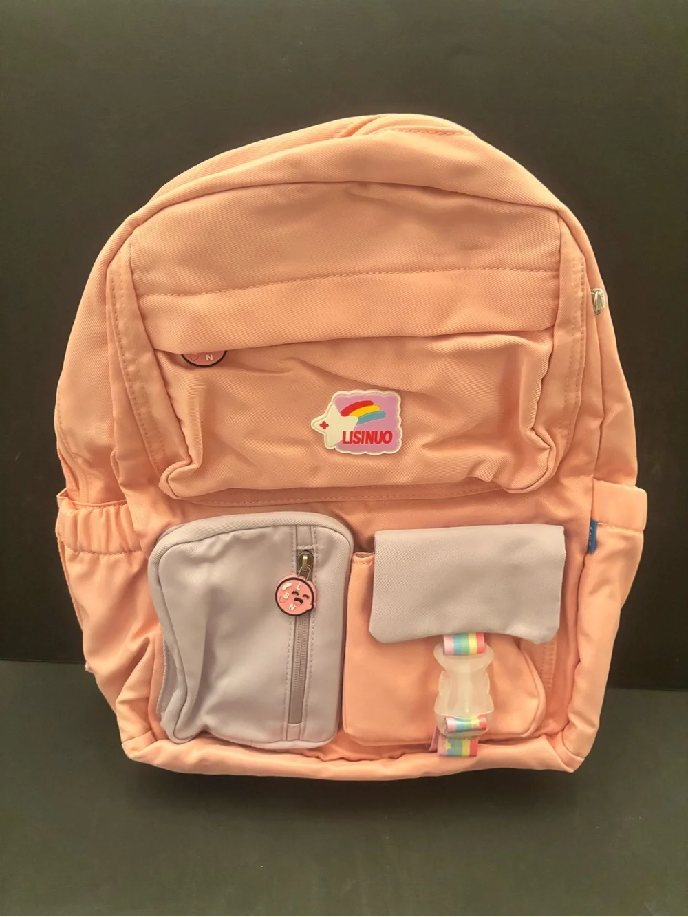 Kids Pink with purple pockets Backpack with Rainbow Accent